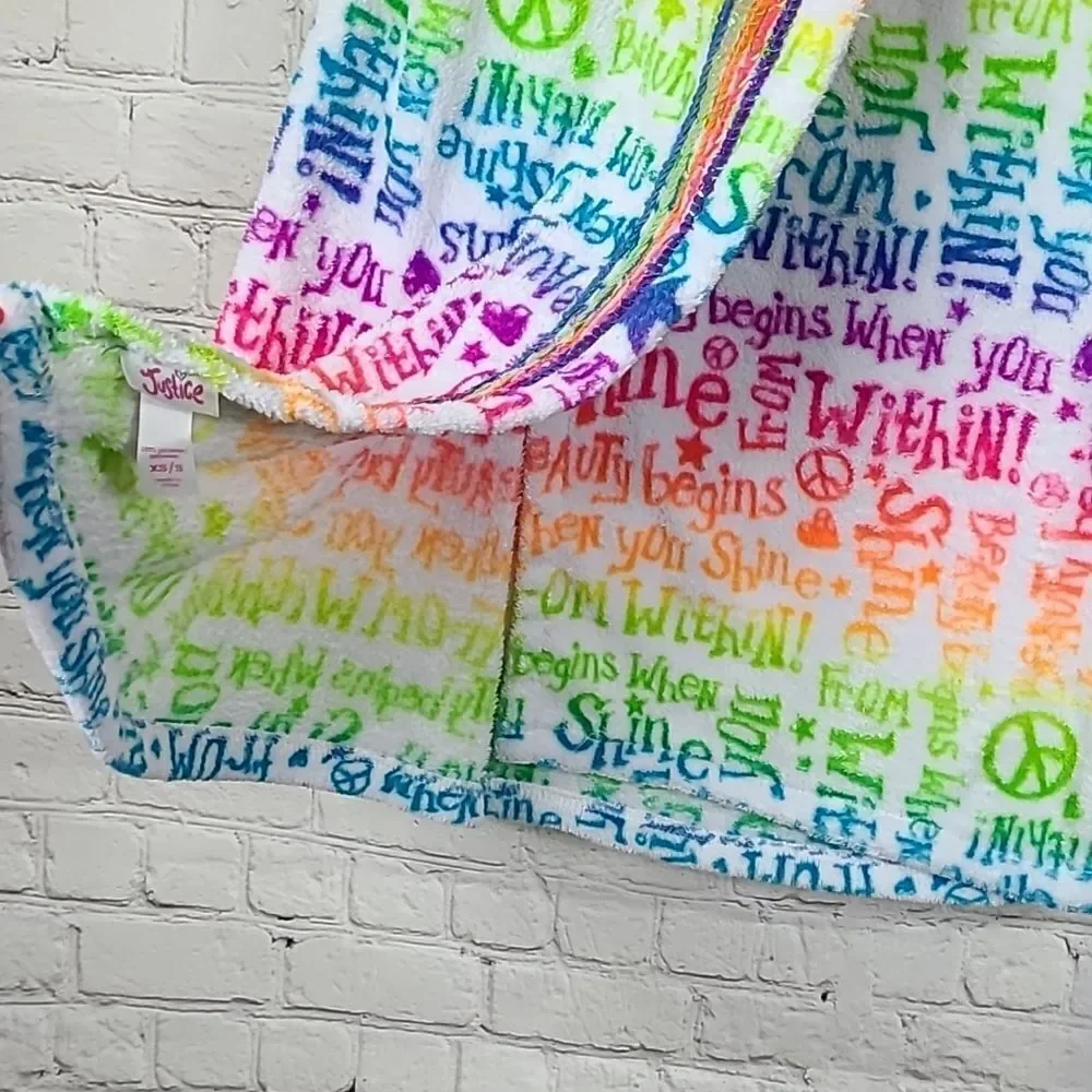 Justice Girls XS/S Plush Fleece Rainbow Peace Spa Bath & Body Velcro Towel Wrap